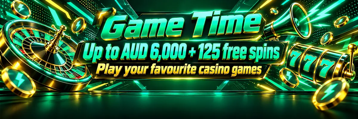 A dimensional roulette wheel, glossy slot-machine drum and floating lightning tokens suspended amid green and gold speed streaks.