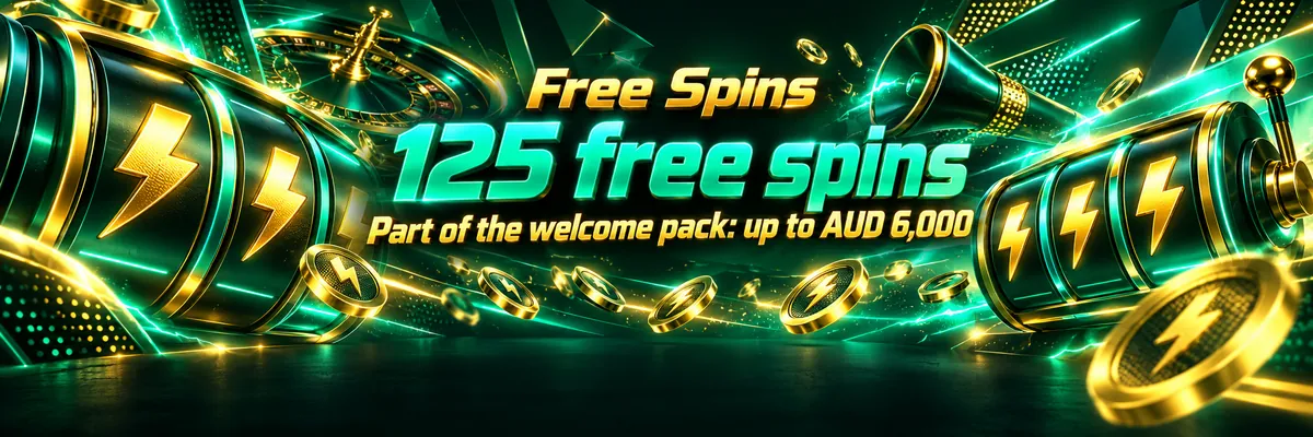 Metallic slot-machine drums and floating lightning tokens glow in a dark, vivid green and gold gaming space.